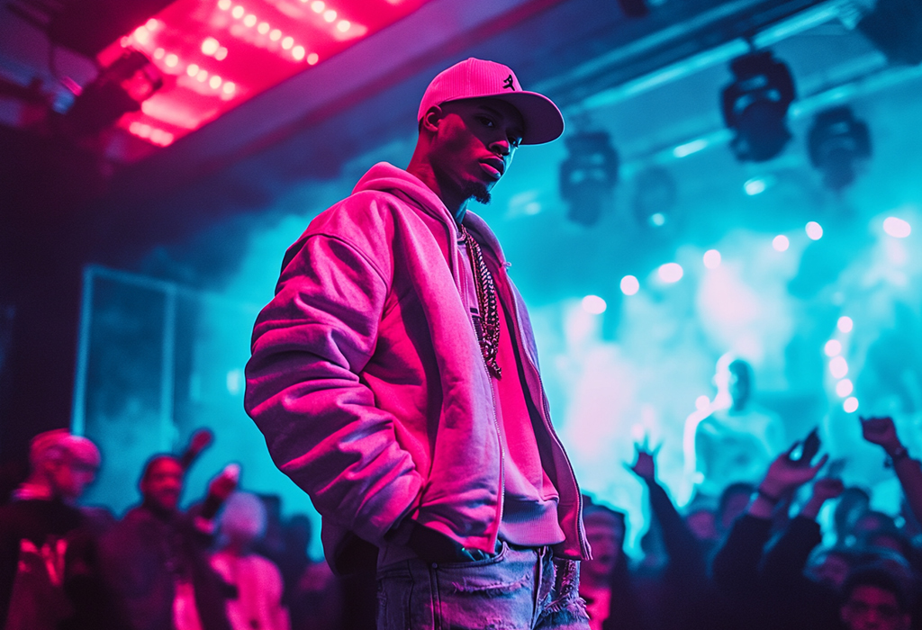 guy in hoodie and baseball cap at hip hop concert
