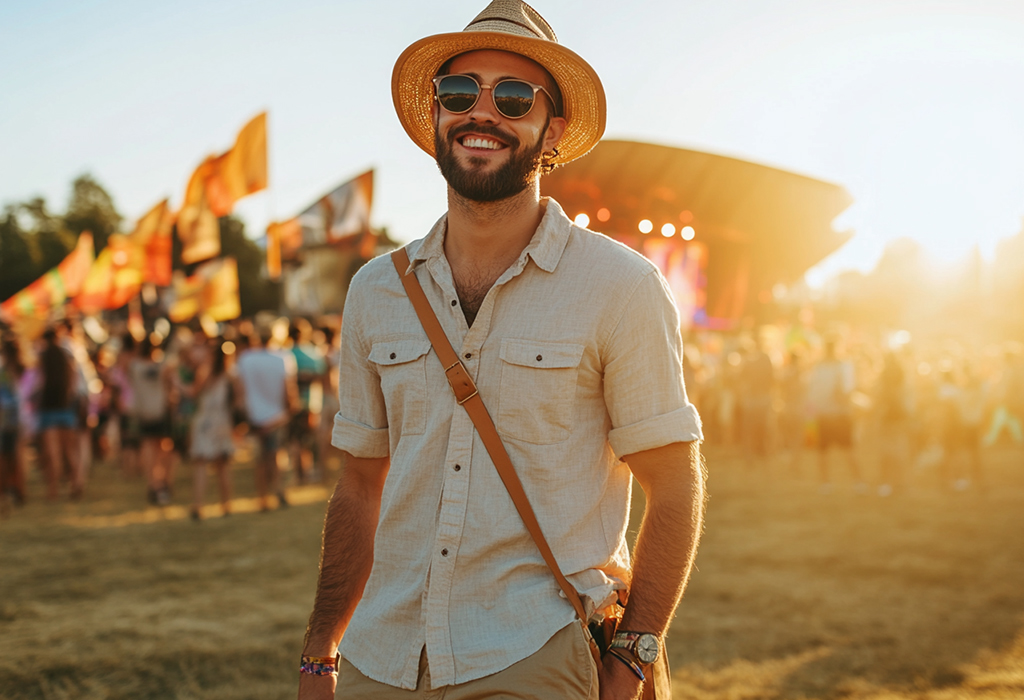 guy in straw hat and sunglasses at outdoor music festival