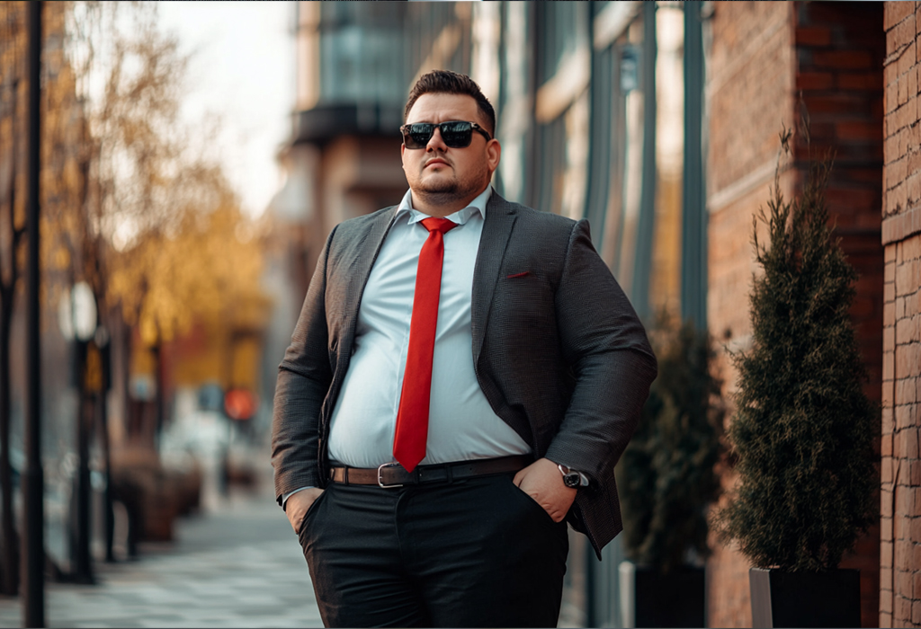 Confident big man wearing a tailored dark suit and bold red tie, showcasing plus-size style in a city setting