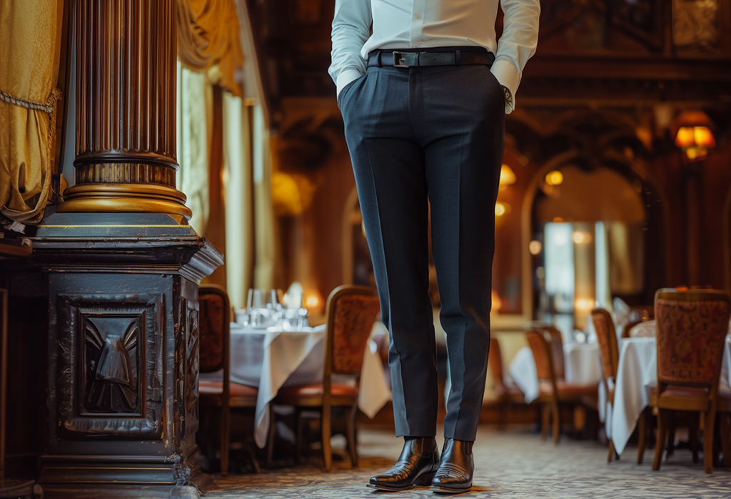 wearing cowboy boots with dress trousers and shirt