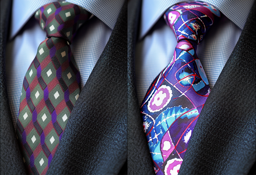 two ties side by side, one is purple and features an 80s-eque geometric pattern, the other is also purple but has a more abstract design