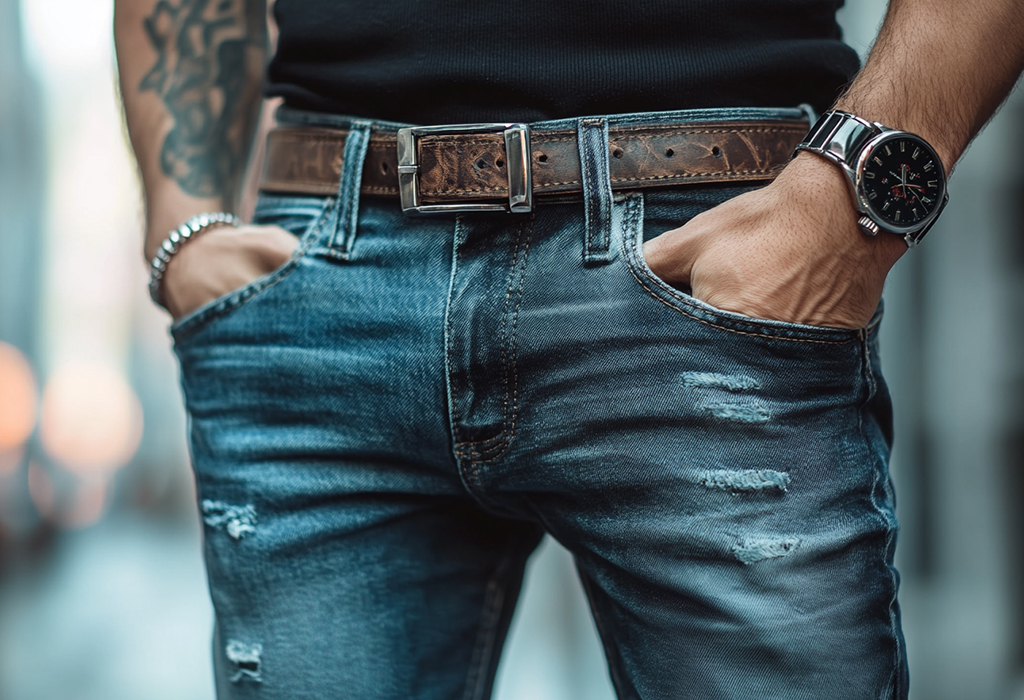Close-up of a man in a black T-shirt, wearing a brown leather belt and a wristwatch, with his hands in the pockets of his ripped jeans