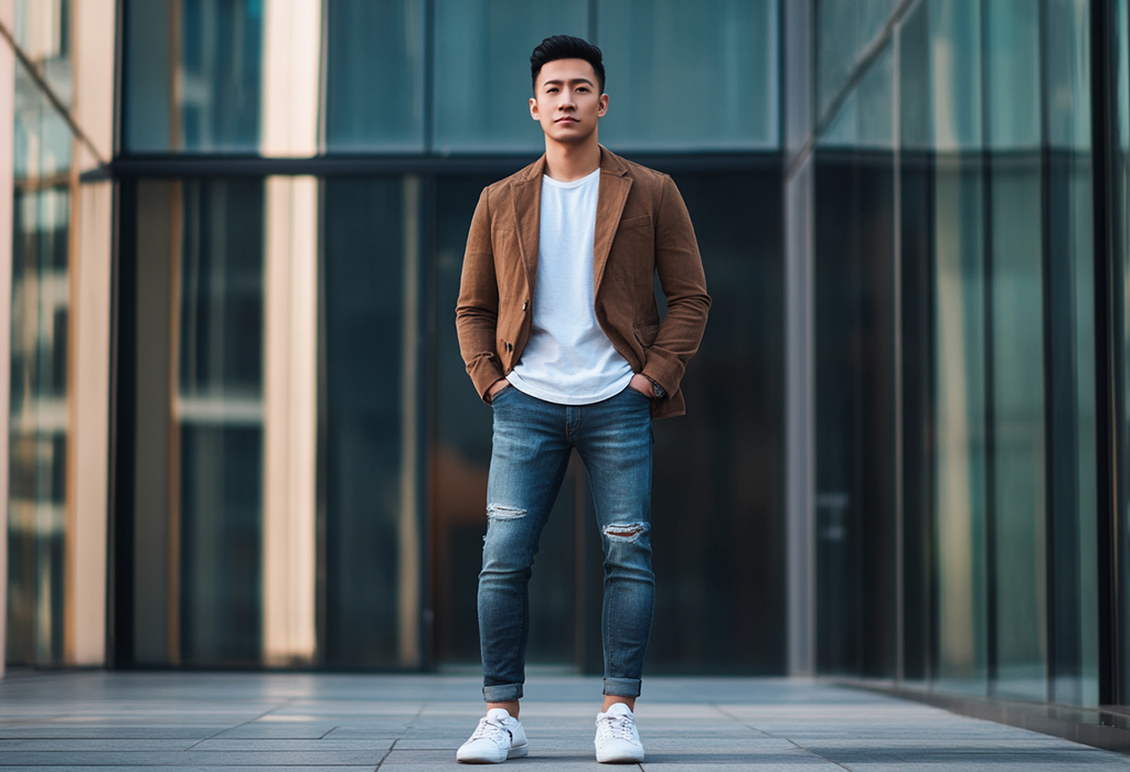 A man standing in an urban setting, wearing a brown blazer over a white T-shirt and ripped jeans, showcasing a modern and stylish look
