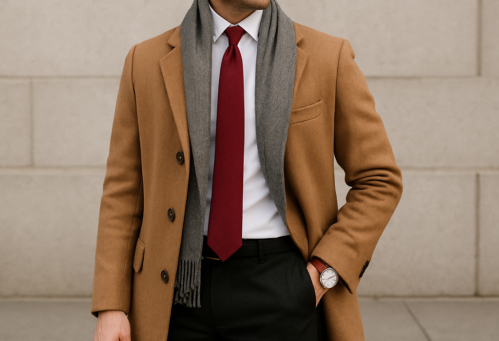 Close-up of a man wearing a camel overcoat, white shirt, burgundy tie, and gray scarf with black trousers and a wristwatch, showcasing a refined winter outfit