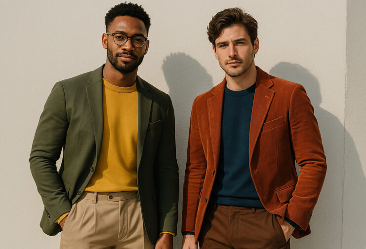 Two stylish men wearing color-coordinated outfits using three-tone combinations of blazers, shirts, and trousers in earthy and bold hue