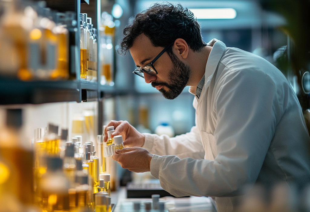 Scientist in a white lab coat examining fragrance samples in a laboratory, highlighting modern research on the olfactory system and the science of smell
