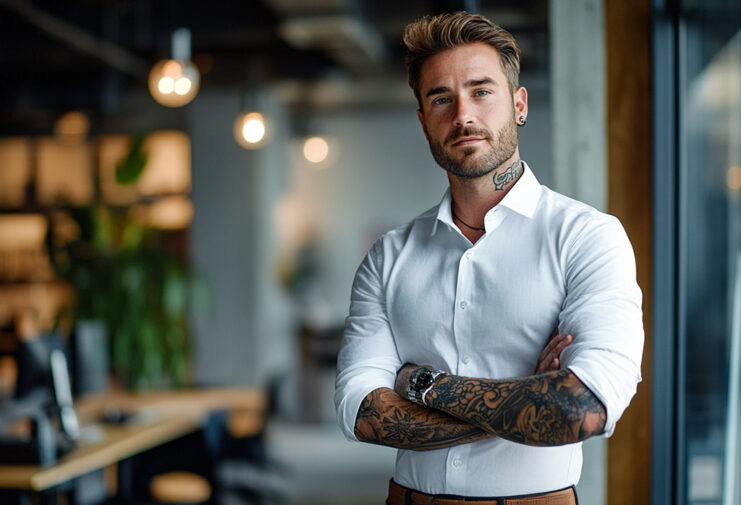 Professional man with tattoos on arms and neck wearing a white shirt in a modern office
