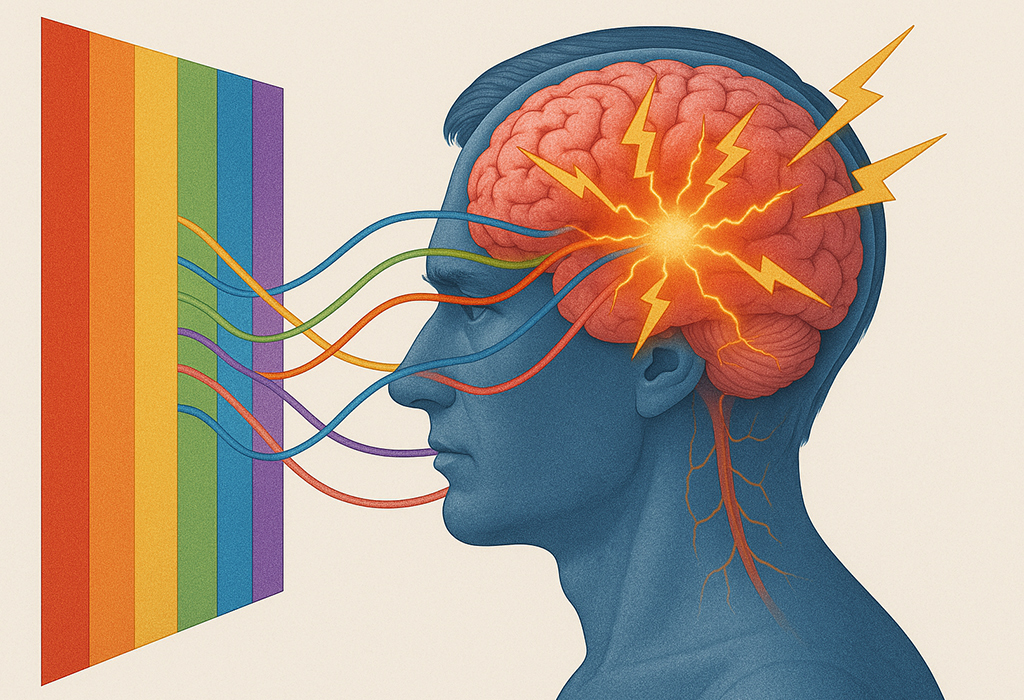 Illustration of a human brain reacting to intense visual input from a rainbow-colored screen, symbolizing color overload and sensory stimulation