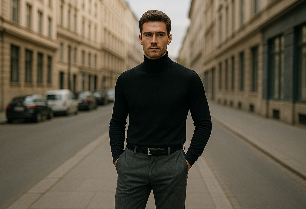 Man wearing a black turtleneck and grey trousers, showcasing a clean monochromatic outfit while standing on a quiet city street
