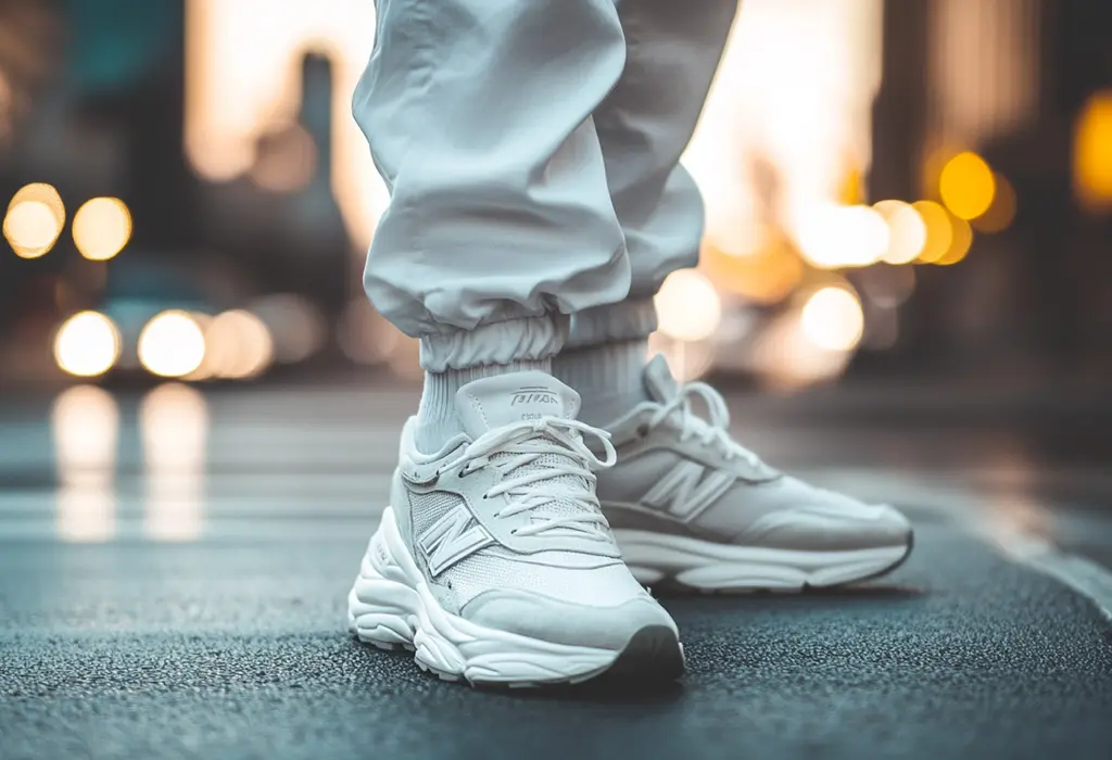 chunky white New Balance style sneakers