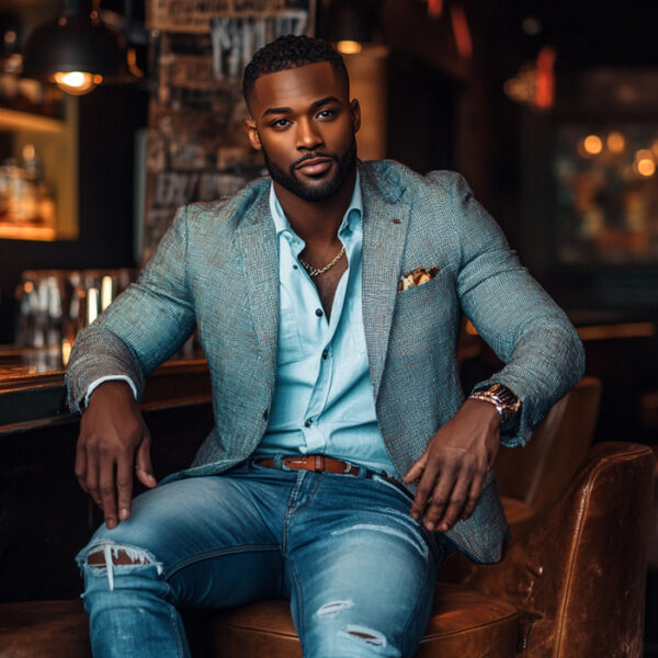 A stylish man seated at a bar, wearing a textured blazer over a partially unbuttoned shirt, paired with ripped jeans and a pocket square, showcasing a dressed-up casual look