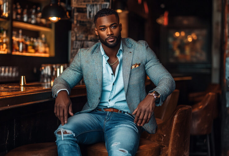 A stylish man seated at a bar, wearing a textured blazer over a partially unbuttoned shirt, paired with ripped jeans and a pocket square, showcasing a dressed-up casual look