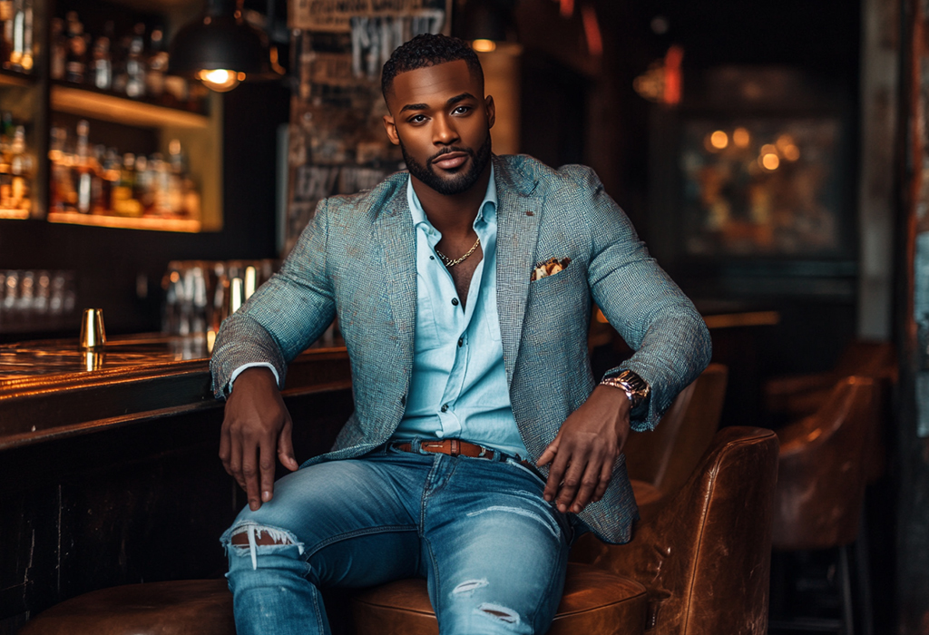 A stylish man seated at a bar, wearing a textured blazer over a partially unbuttoned shirt, paired with ripped jeans and a pocket square, showcasing a dressed-up casual look