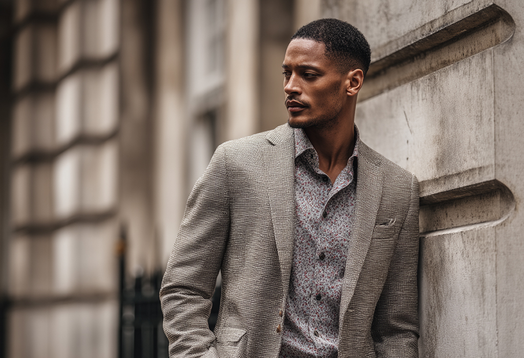 Stylish man leaning against a stone wall, wearing a textured tweed blazer over a subtle patterned shirt in a refined, urban look