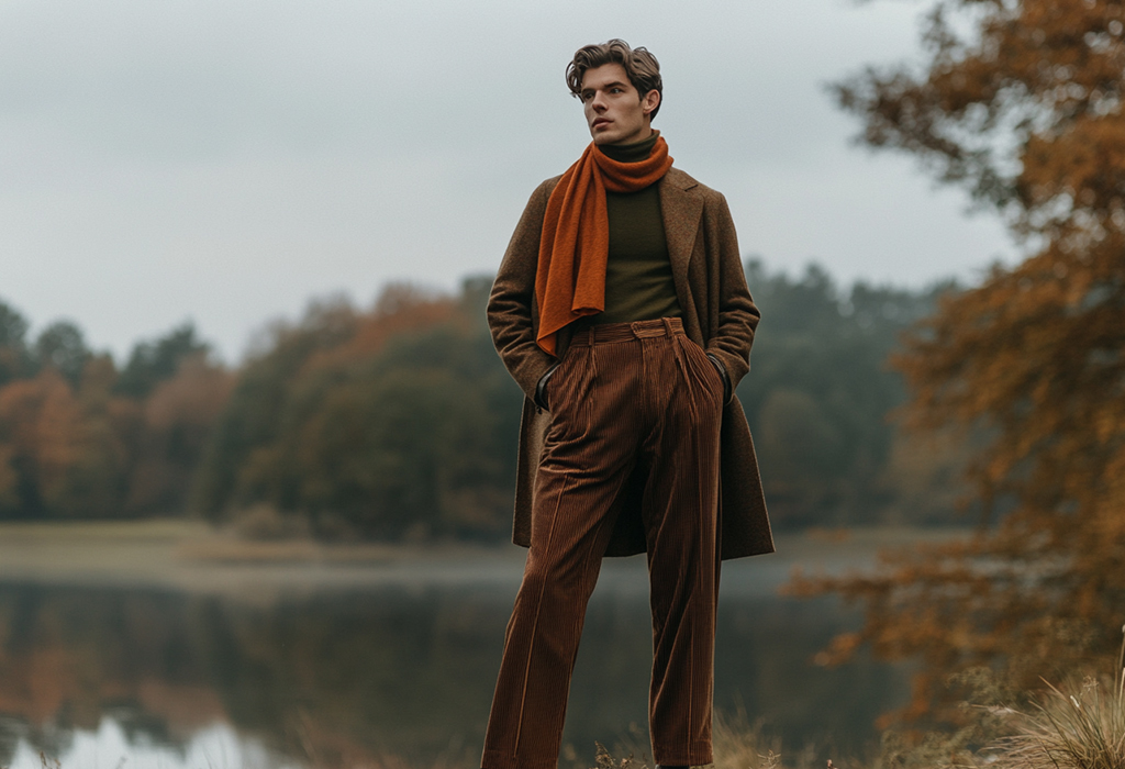 man wearing high-waisted brown corduroy pants with pleats, an olive green turtleneck sweater, a dark, rust orange scarf and a long, light brown wool tweed overcoat