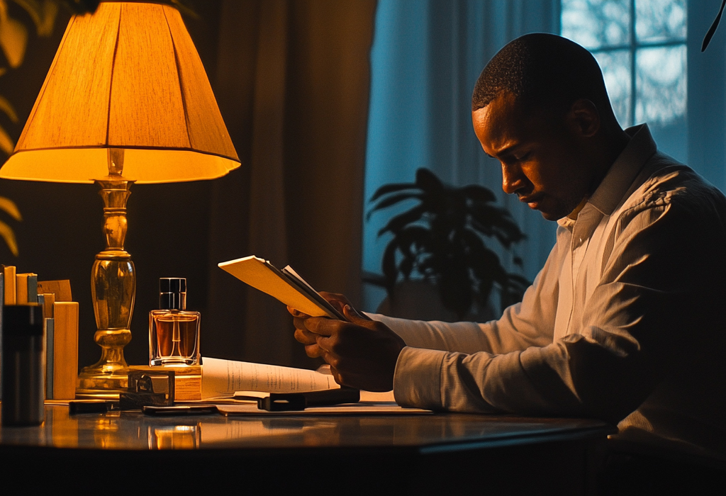 man working late night with oil scent diffusor on his table