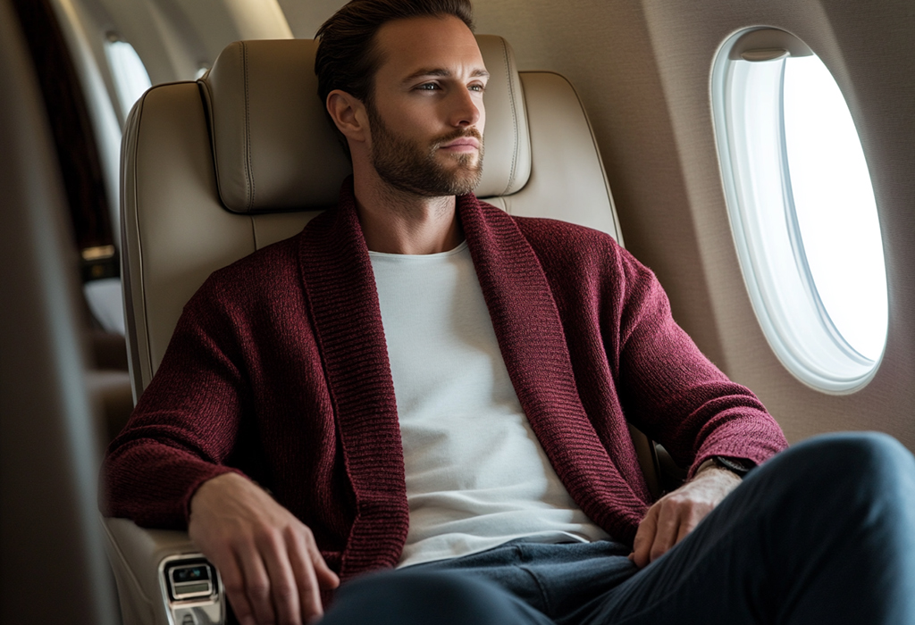 man sitting on a private plane wearing a maroon shawl collar cardigan over a white tee