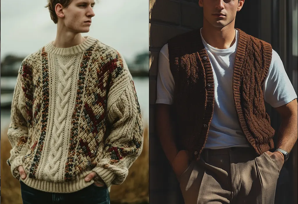 man wearing a chunky cable-knit sweater and an image of a man wearing a brown wool sweater vest cardigan over a white tee shirt