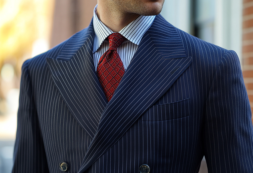 man wearing an 80s style suit, navy blue, pinstriped and double breasted