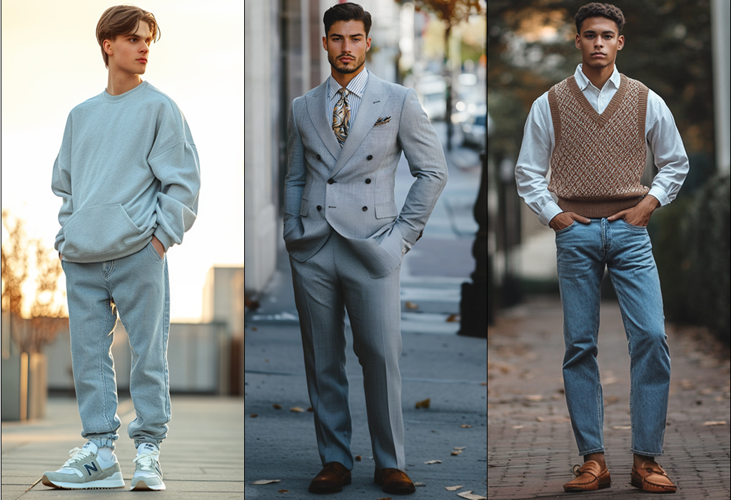 three men wearing different 90s style outfits