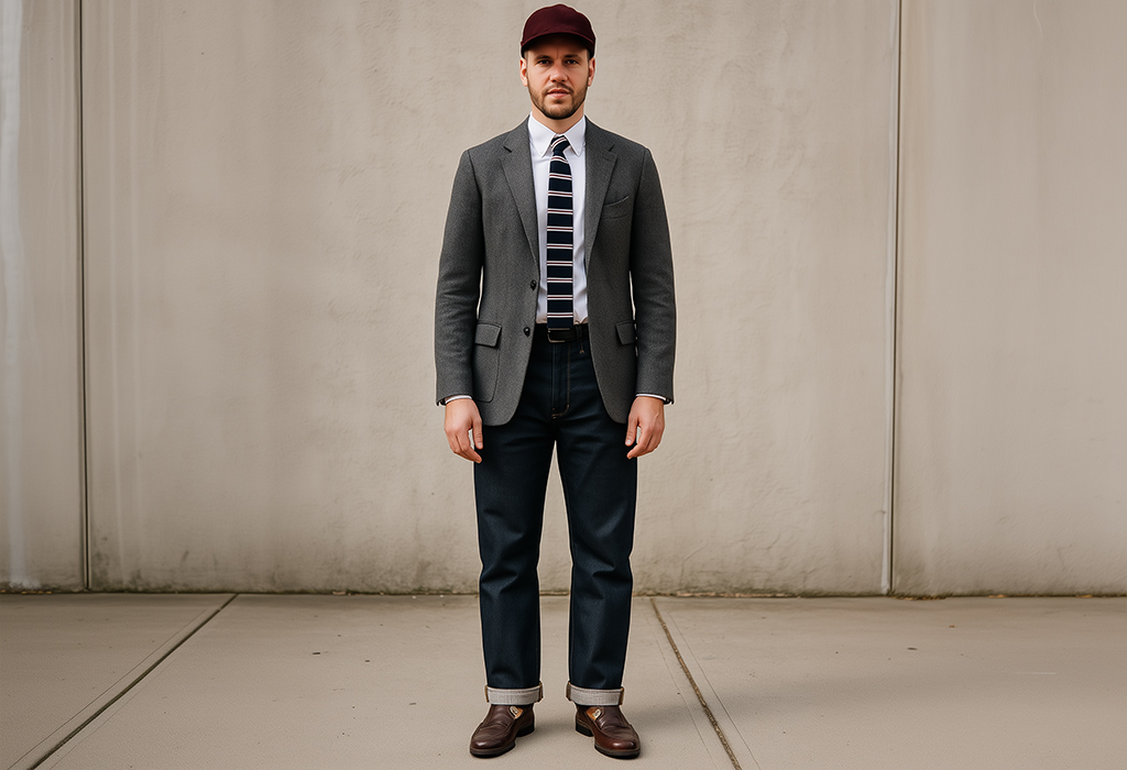 man wearing dark-wash selvedge denim jeans in a straight cut with cuffed legs, with penny loafers, a white oxford shirt, and a striped knit tie, with a gray tweed sport coat and a dark red corduroy baseball cap