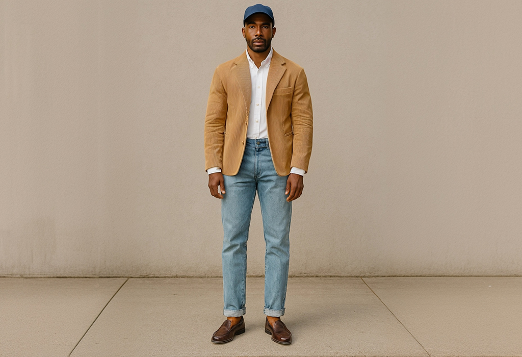 man wearing a pair of light wash, straight-fit jeans with penny loafers, a white oxford cloth shirt, and a tan corduroy jacket with a blue ball cap