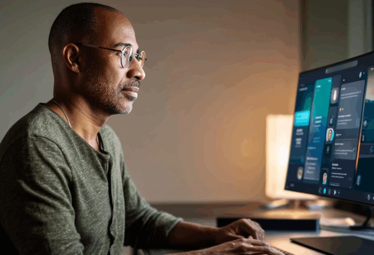 Middle-aged professional man in an olive green shirt, sitting at a desk, interacting with an AI chatbot on a computer screen in a modern office setting