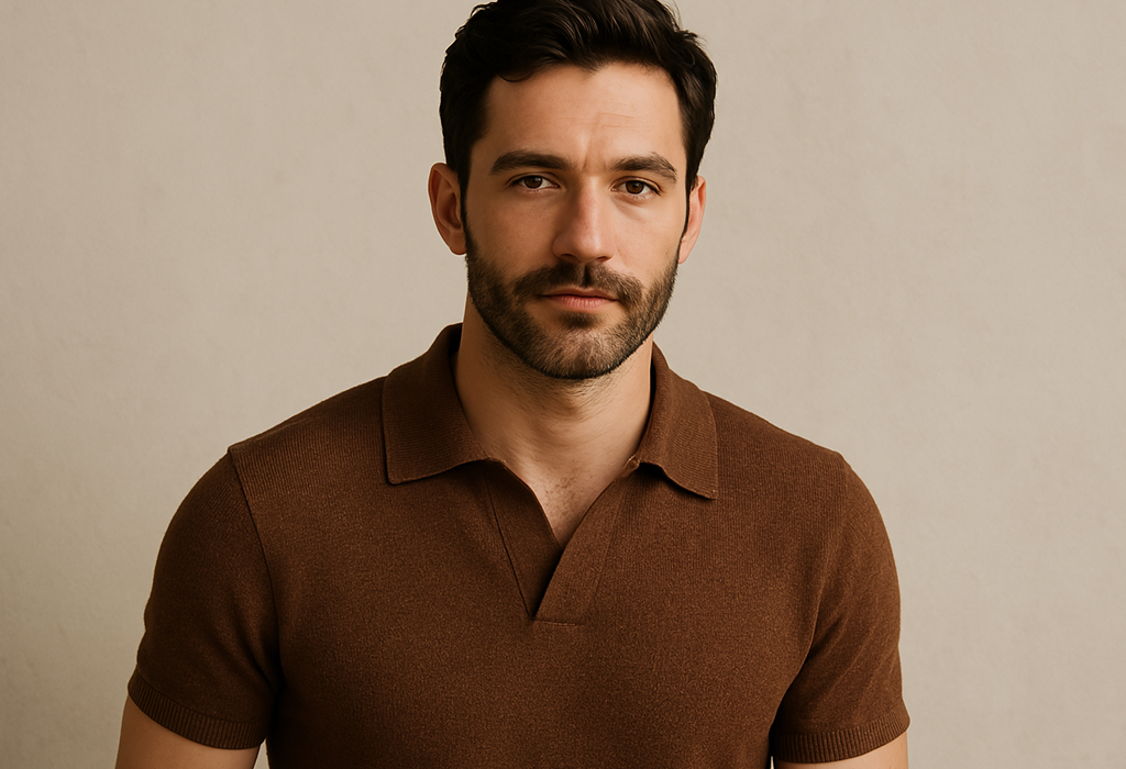 man wearing a brown Johnny collar knit polo