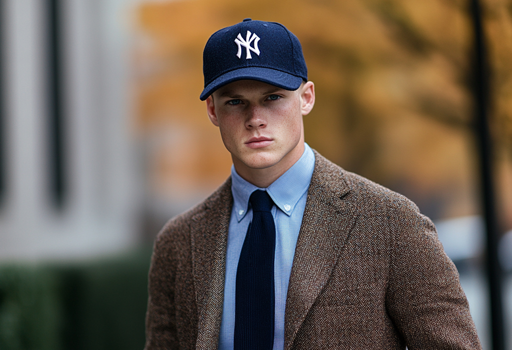 man wearing a brown tweed sport coat with a blue oxford shirt, navy blue knit tie, and a navy blue Yankee logo baseball cap