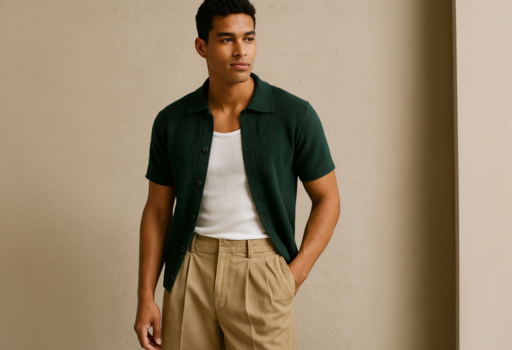 man wearing a dark green button down cardigan knit polo worn open over a white ribbed tank top tucked into pleated wide leg khakis