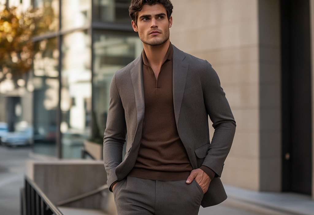 man wearing a medium gray summer weight wool suit with a brown long sleeved knit polo with a Johnny collar and brown loafers