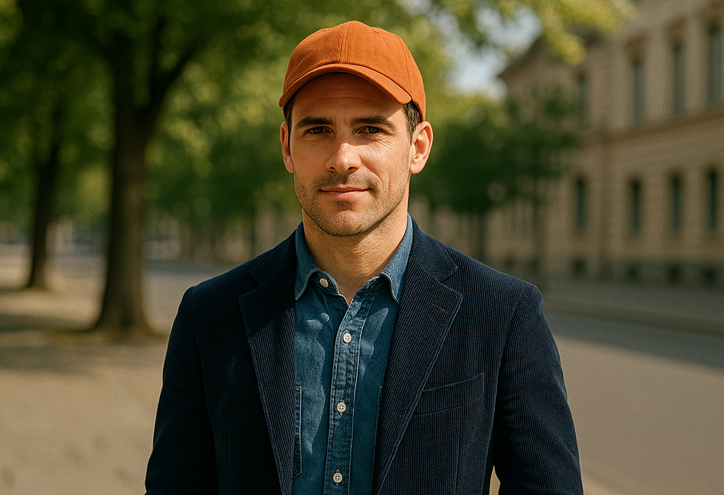 man wearing a navy blue corduroy suit with a denim shirt and a rust orange ball cap