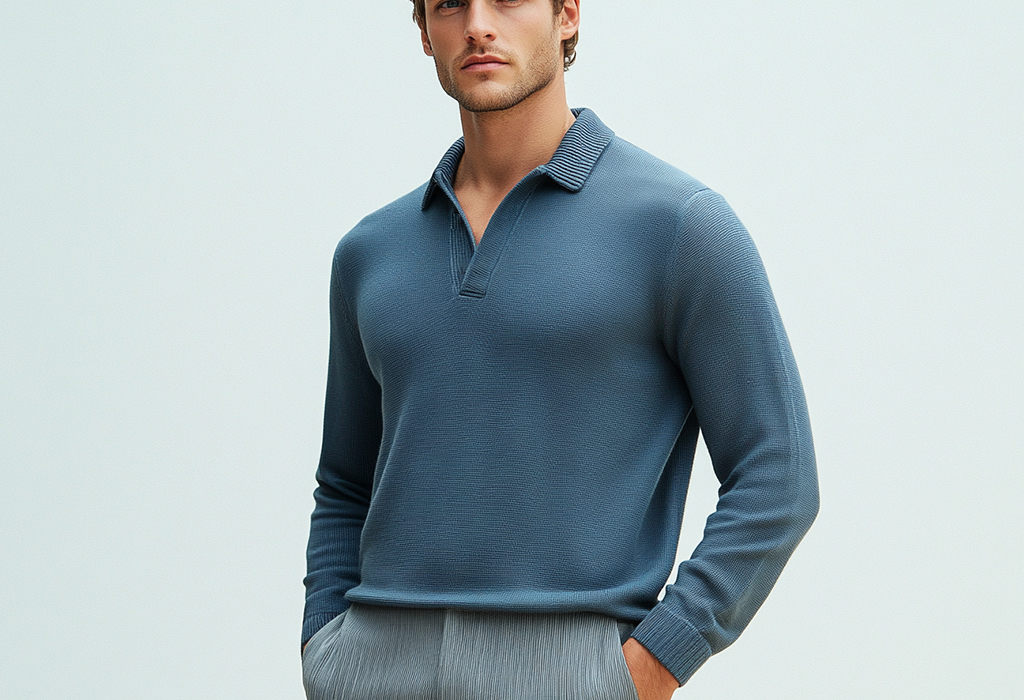 man wearing a navy blue long sleeve cashmere knit polo with a Johnny collar with gray pleated pants