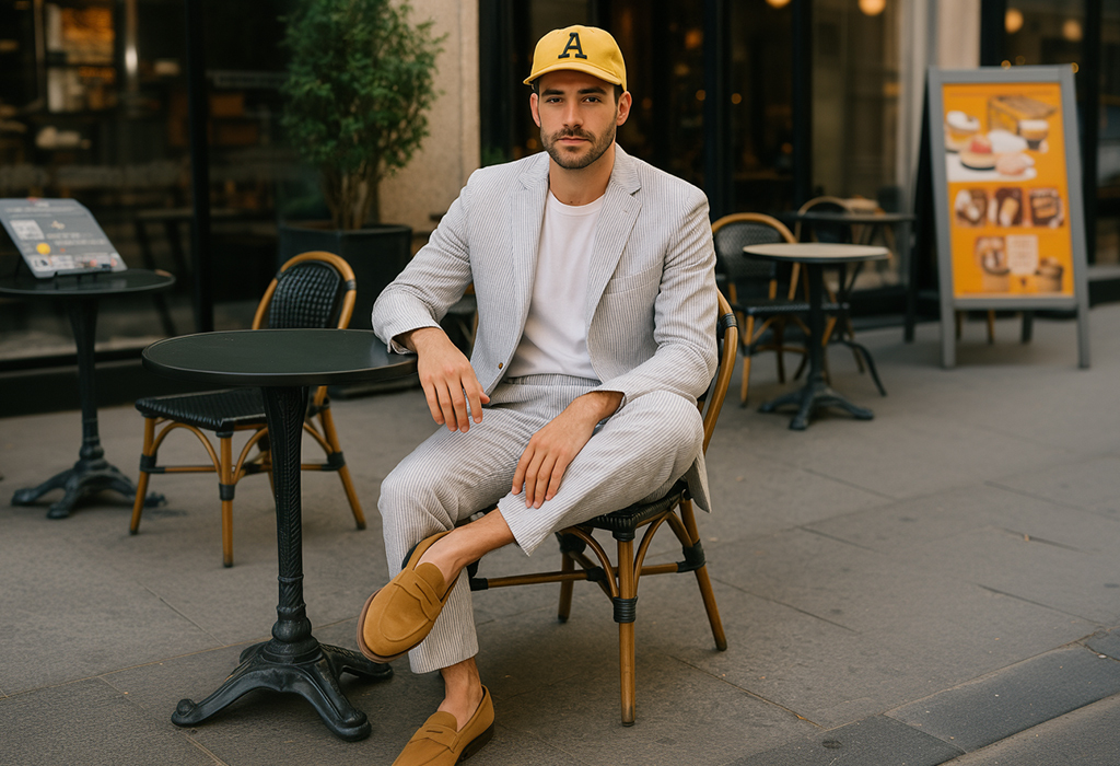 handsome man wearing a seersucker suit sitting at an outdoor cafe, with a white tee shirt, tan loafers, and a yellow baseball cap with an โAโ on it