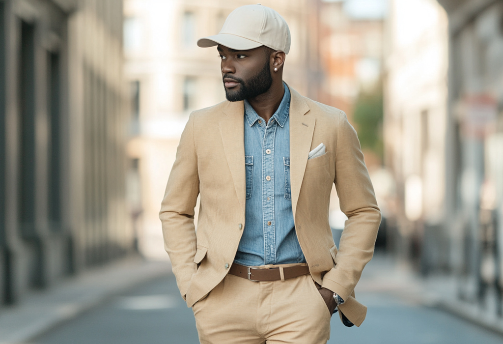 man wearing a tan cotton suit with a denim shirt, brown derbies, and an off-white baseball cap