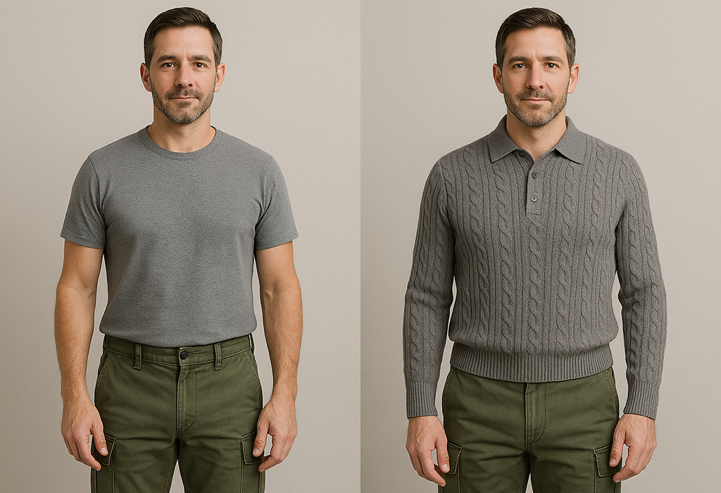 Side by side images of a man wearing green army fatigues and plain gray tee shirt vs the same man wearing the same pants but with a gray cable-knit sweater polo instead