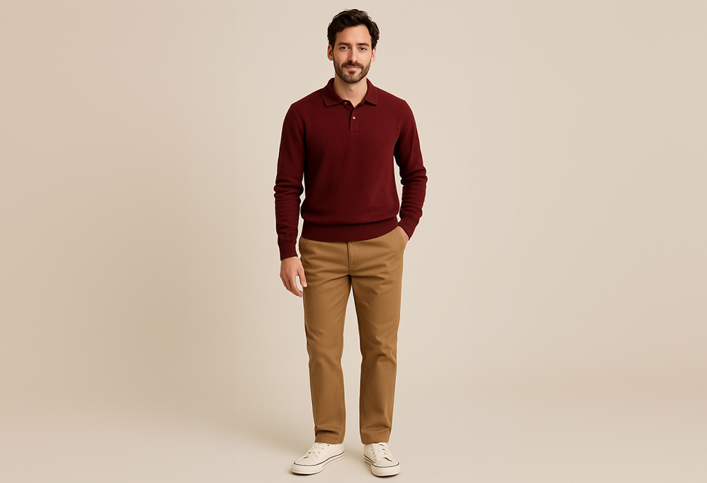 man wearing straight-fit tan khakis with a maroon red-knit sweater polo with a two button placket, and paired with white canvas sneakers