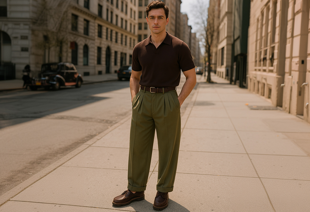 man wearing wide, pleated trousers in an olive color with a dark brown Johnny collar knit polo tucked in