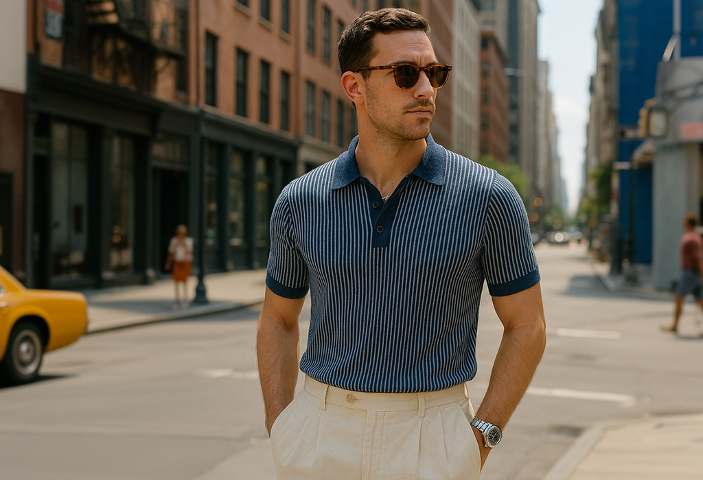 man wearing off-white pleated linen pants with a blue and navy vertical striped short-sleeve sweater polo knit