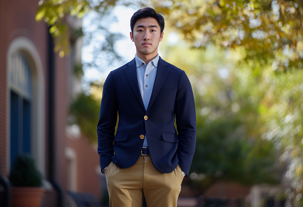 man wearing pleated khakis with a powder blue cotton long sleeve knit polo and a navy blazer with gold buttons