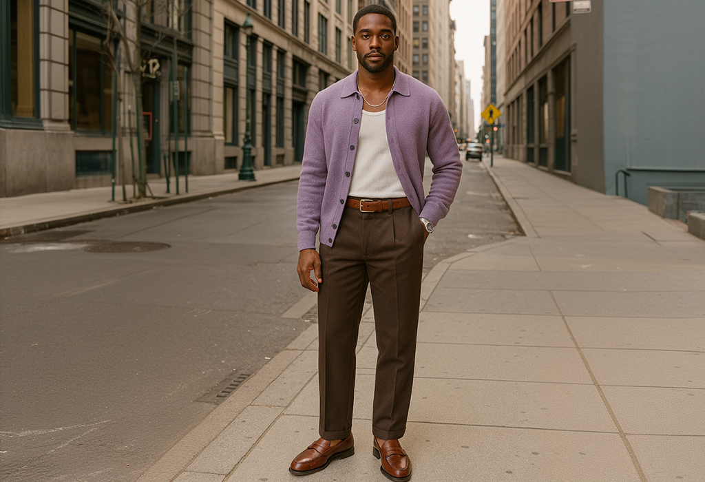 man wearing straight-fit dark brown chinos with a tucked in ribbed white tank top