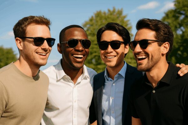 Four stylish men of diverse ethnicities smiling and wearing sunglasses on a sunny day, dressed in casual and business casual outfits