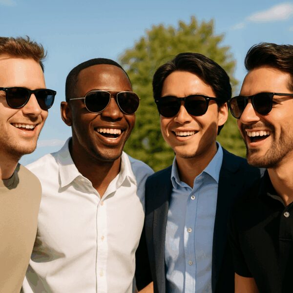 Four stylish men of diverse ethnicities smiling and wearing sunglasses on a sunny day, dressed in casual and business casual outfits