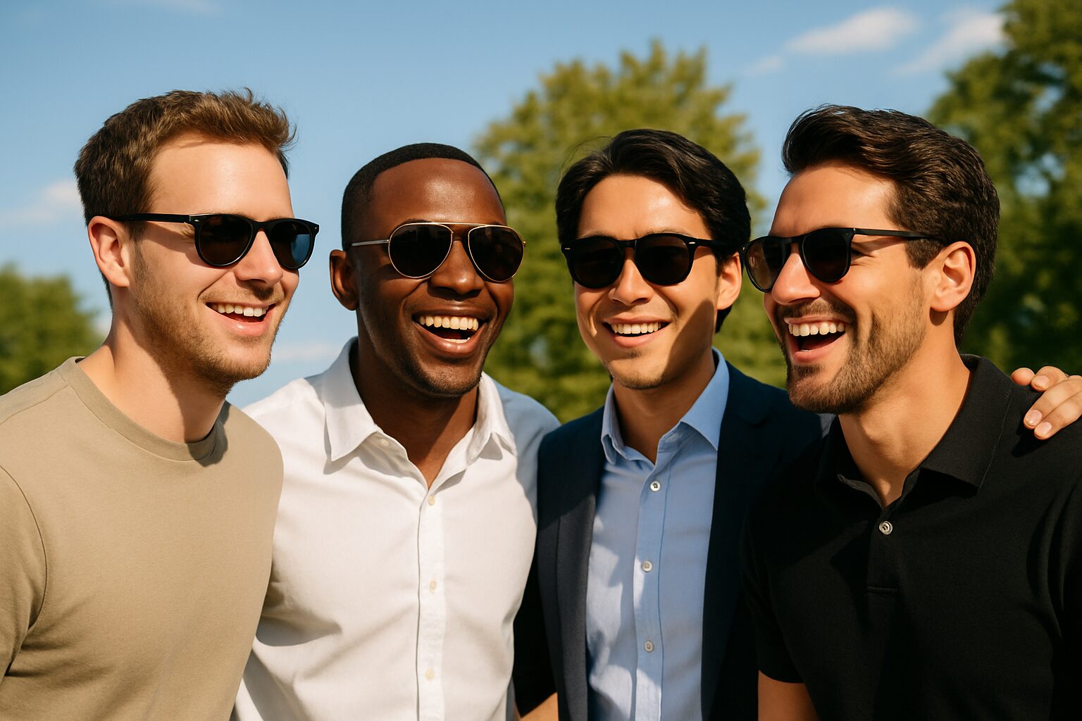 Four stylish men of diverse ethnicities smiling and wearing sunglasses on a sunny day, dressed in casual and business casual outfits