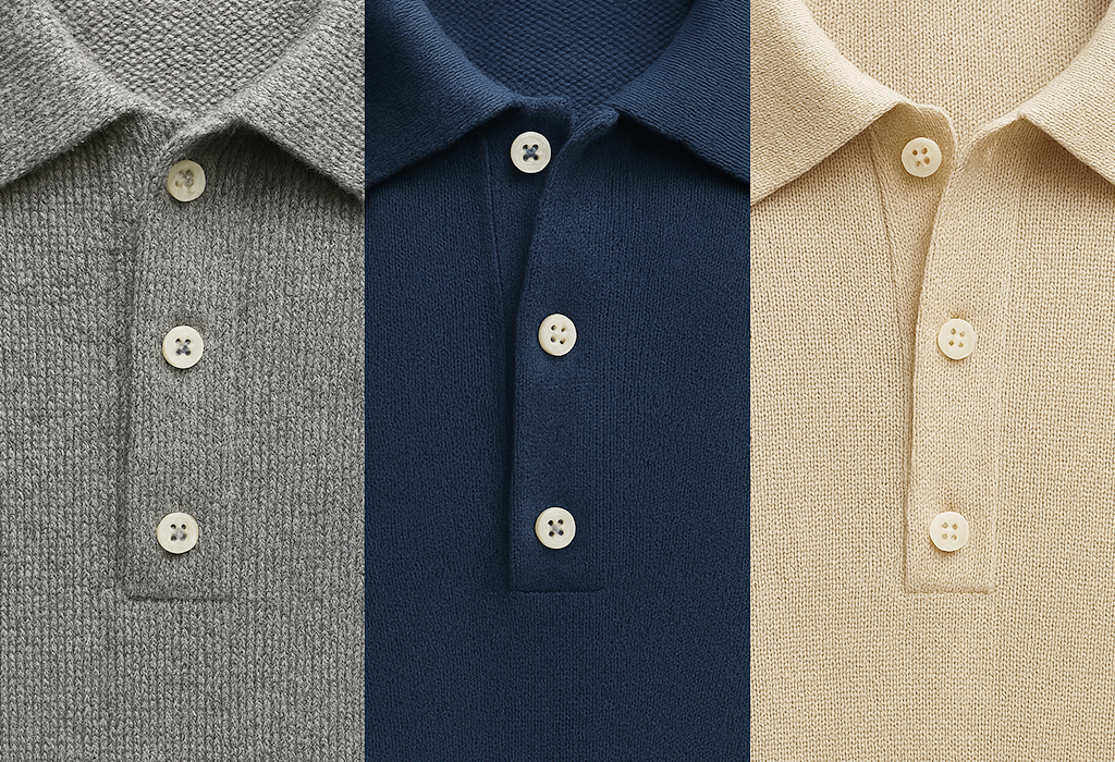 Up-close images of a wool knit polo, cotton knit polo, and silk knit polo