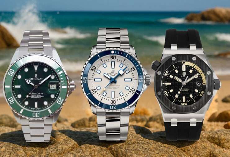 Steinhart Ocean One, Breitling Superocean, and Audemars Piguet Royal Oak Offshore dive watches displayed on a rocky beach with ocean waves in the background – iconic timepieces featured in “20 Iconic Dive Watches For Men