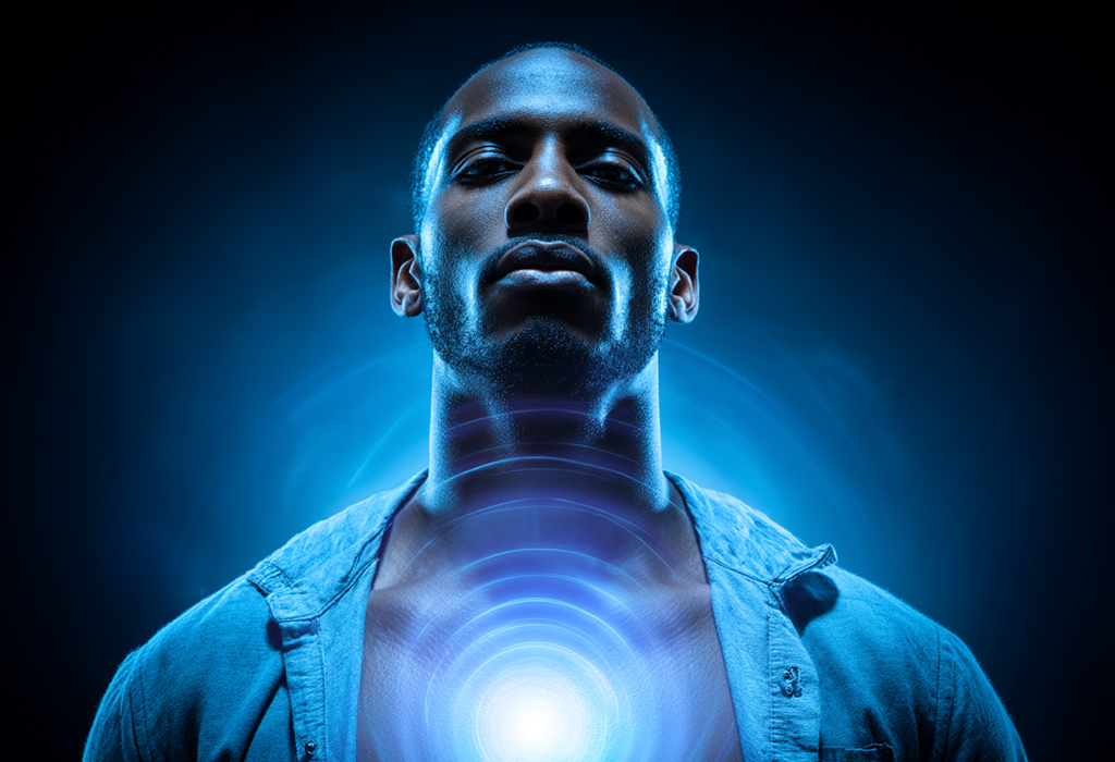 Man with glowing chest, symbolizing the power of resonance to create a deeper, more masculine voice