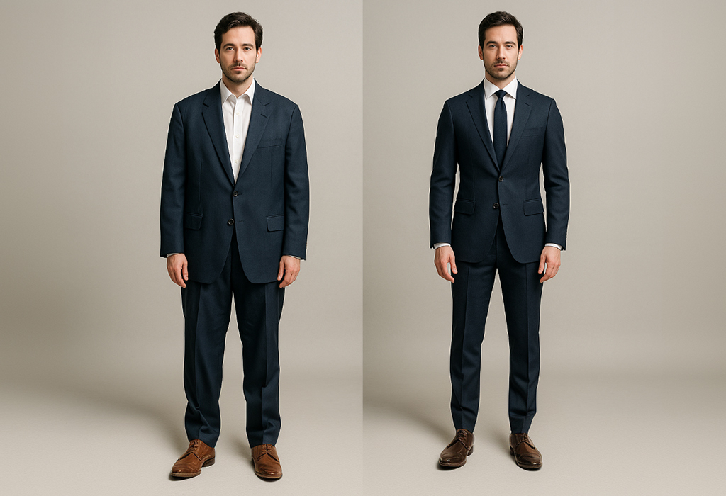 Before-and-after comparison of an ill-fitting vs. perfectly tailored navy suit on a man, highlighting the importance of proper suit fit