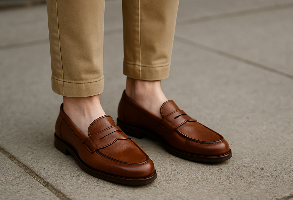 Skinny male feet in loose brown penny loafers with beige pants, showing extra space around the feet on a concrete floor
