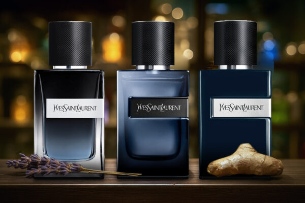 Three Yves Saint Laurent Y fragrance bottles (Le Parfum, Elixir, and Le Parfum 2025) displayed on a wooden surface with lavender and ginger roots in the foreground, set against a blurred, ambient background